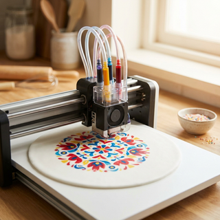 Edible ink printer printing a colourful design onto a round icing sheet