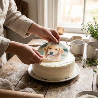 Hands placing a printed photo edible image onto a white buttercream cake