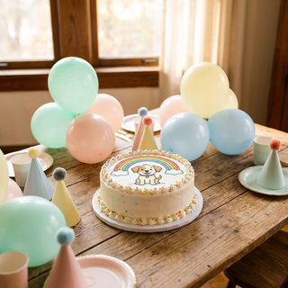 Kids birthday party table with a character cake topper cake, balloons and party hats