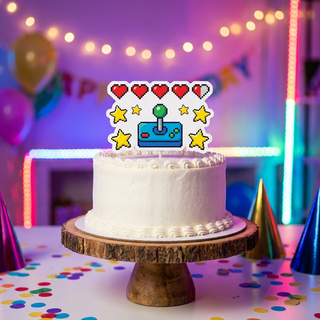 Gaming themed birthday cake with a pixel art edible topper