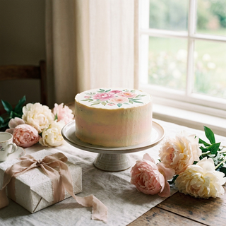 Elegant pastel Mother's Day cake with floral edible topper beside fresh peonies