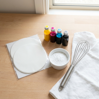 Flat lay of blank icing sheets and edible ink bottles on a clean kitchen bench