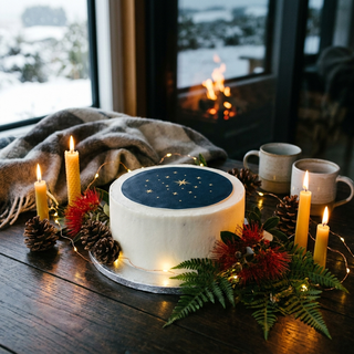 Midwinter celebration cake with navy and gold star cluster edible topper, candles and fairy lights