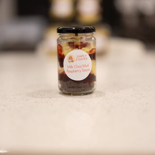 Milk Chocolate Mud Cake with Raspberry Sauce in a Jar