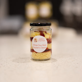 White Chocolate Mud Cake with Raspberry Sauce in a Jar