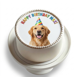 Example custom cake topper with a pet photo and Happy Birthday message