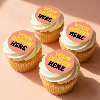 Custom printed edible image toppers on frosted cupcakes