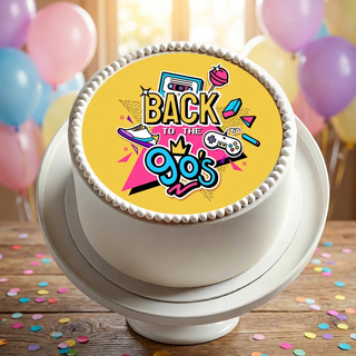 90's Party Cake Topper shown on a cake at a birthday party