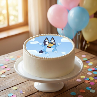 Bluey Cake Topper (Single) shown on a cake at a birthday party