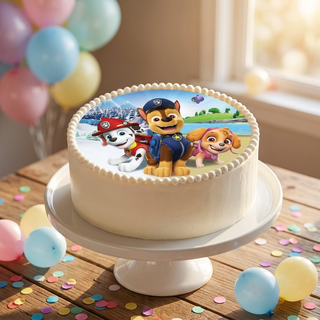 Paw Patrol Cake Topper shown on a cake at a birthday party