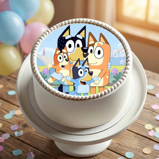 Bluey Cake Topper shown on a cake at a birthday party