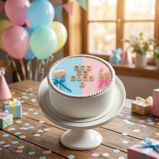 Gender Reveal Cake Topper shown on a cake at a birthday party