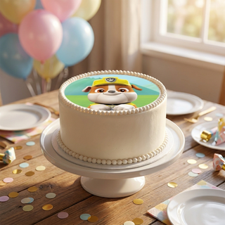 Paw Patrol (Rubble) Cake Topper shown on a cake at a birthday party