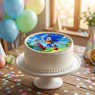 Sonic Cake Topper shown on a cake at a birthday party