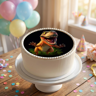 T-Rex Cake Topper shown on a cake at a birthday party