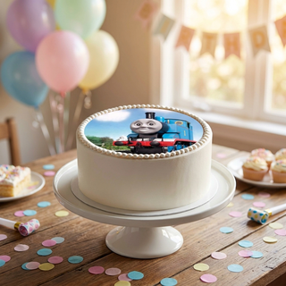 Thomas The Tank Engine Cake Topper shown on a cake at a birthday party