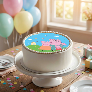 Peppa Pig Cake Topper shown on a cake at a birthday party
